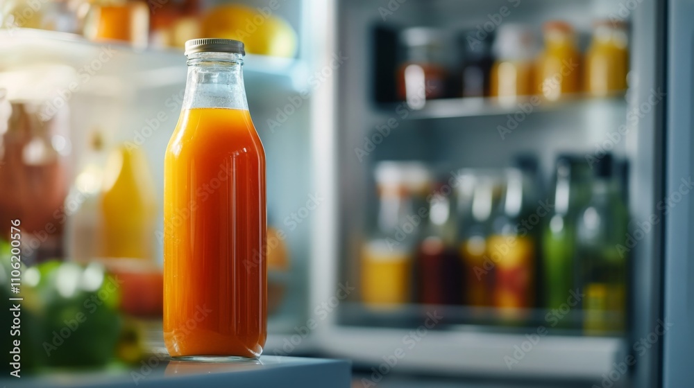 Aufkleber a glass bottle of vibrant orange juice stands on a kitchen counter. behind it, a refrigerator is fil