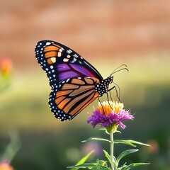 Naklejka premium Vibrant Monarch Butterfly Perched on Colorful Flower in Nature Park During Sunny Day Surrounded by Soft Blurry Background Ideal for Nature and Wildlife Photography