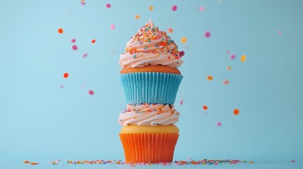Colorful stack of cupcakes with sprinkles against a blue background