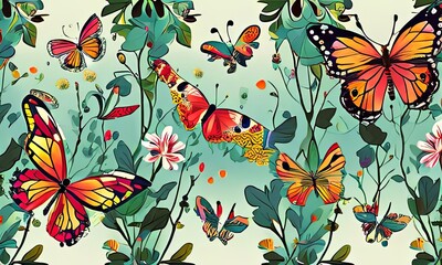 Brightly colored butterflies perched on delicate blossoms, evoking a sense of tranquility and beauty. Perfect for greeting cards, nature-themed decor, digital designs, print, wallpapers.