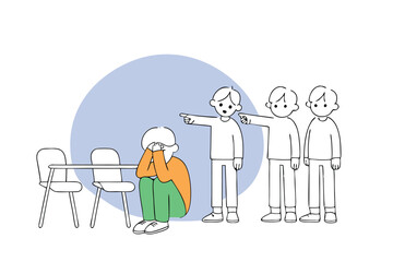 Sad school boy sitting on floor surrounded by classmates mocking him. Bullying concept