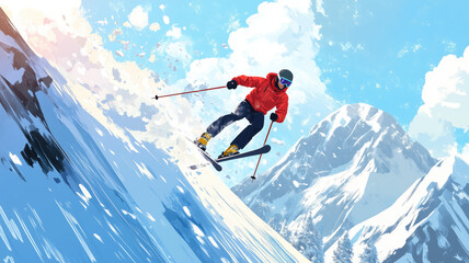 skier jumping in the snow mountains on the slope with his ski and professional equipment on a sunny day. Generative AI