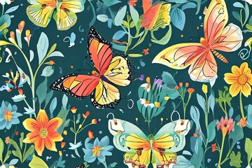 Brightly colored butterflies perched on delicate blossoms, evoking a sense of tranquility and beauty. Perfect for greeting cards, nature-themed decor, digital designs, print, wallpapers.