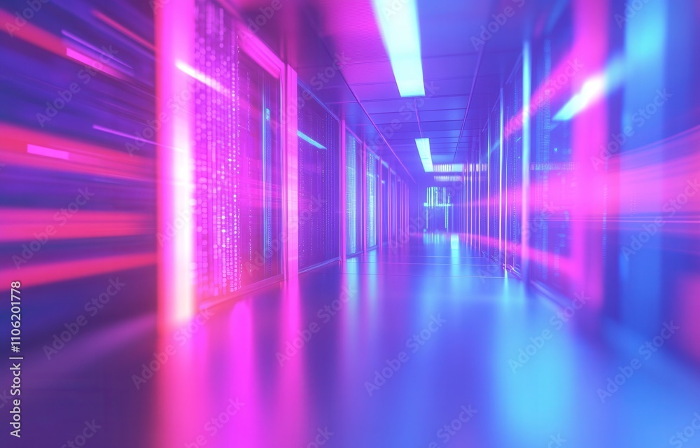 Poster 3d rendering of a data center room with bright bokeh light streaming through the corridor