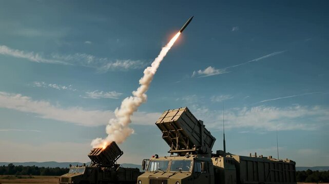 Missile defense system made of anti-missile tanks to intercept and destroy attacking missiles in the sky. Air defense shield against intercontinental ballistic missiles. 3D AI-GENERATED.