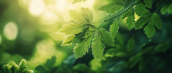 Close-up of vibrant green leaves illuminated by soft sunlight.