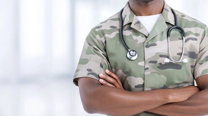 Military medical professional wearing camouflage uniform and stethoscope showcases dedication to service and healthcare - Powered by Adobe