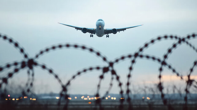 A passenger plane flying behind barbed wire. Aviation idea concept. Deported. International travel. The airplane is taking off. Horizontal photo. No people, nobody. Travel. Abroad.
