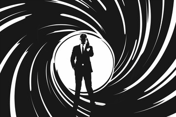A black and white silhouette of man with gun.