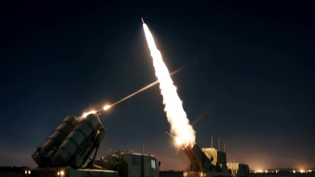 An anti-missile defence system is used to intercept and destroy intercontinental nuclear missiles ad they are in the sky. 3D AI-GENERATED.