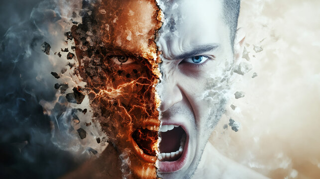 Exploding half-face with fire and inner conflict, angry man struggling with emotions
