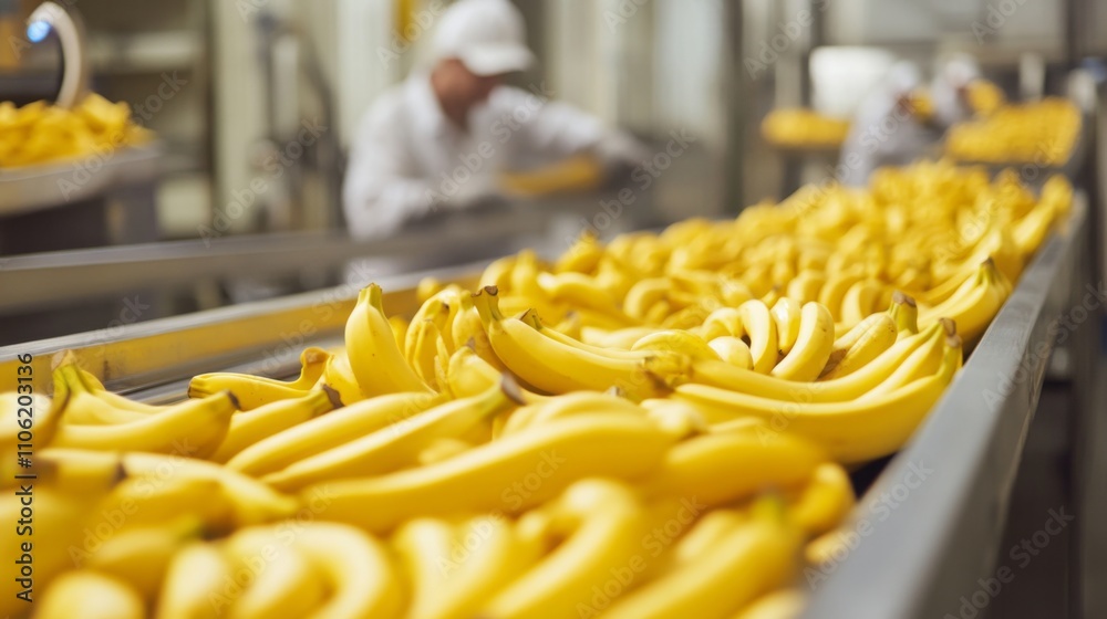 Poster Workers are busy in a fruit processing facility, sorting and preparing ripe bananas for juice extraction. The environment showcases a clean, organized approach to food preparation and production.
