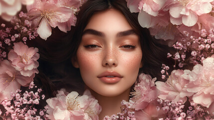Naklejka premium Beautiful young woman with freckles in a spa surrounded by pink flowers, enjoying a relaxing beauty treatment