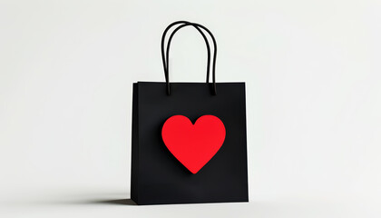 Black gift bag with handles decorated with a red heart. .