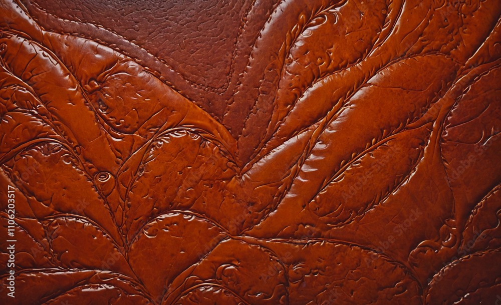 Poster brown leather surface with a leaf pattern. the pattern is very detailed and looks like it is made of