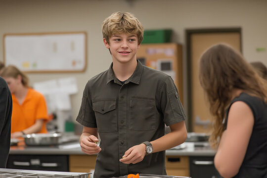 Young students engaged in culinary class activity at a school kitchen