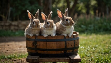 Group of bunnies on a barrel.