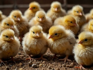 Group of colorful baby chicks standing in a pen.