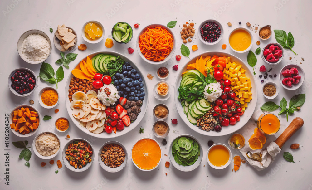 Aufkleber table with many bowls of food on it. one bowl has a lot of fruit in it