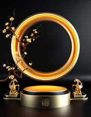 Golden Chinese product display podium mock up, black background, lunar new year luxury stan, Chinese display background, award pedestal, Asian shapes and patterns, ad, podium platform, product present