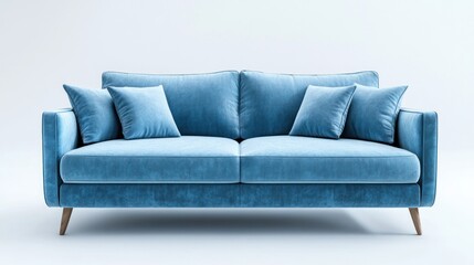 Fototapeta premium Blue velvet sofa with cushions on white background.