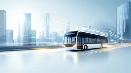 A modern bus travels swiftly through a cityscape, showcasing the harmony between urban architecture and public transportation. The scene captures movement and innovation.