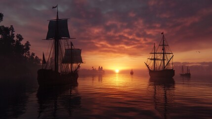 Fototapeta premium Antique sailing ships at sunset on a misty sea.