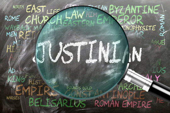 Justinian being studied, examined - under close inspection. Most important subjects and ideas closely related to justinian written on a blackboard inspected by a magnifying glass. ,3d illustration