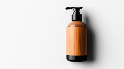 Minimalist black pump bottle with wooden texture label on white background for skincare or soap packaging.
