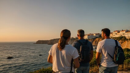 Fototapeta premium Group of people exploring Portugal’s coast, watching the sunset.