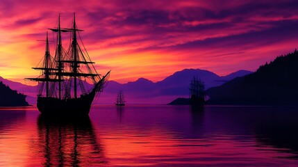 Fototapeta premium Silhouette of sailing ships at sunset over a vibrant sea.