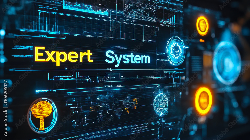 Poster futuristic expert system interface with digital technology elements and data visualization