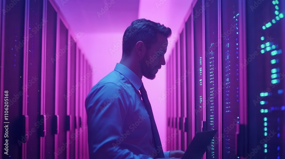 Poster image of it expert using laptop in data center. data center with server racks and cloud computing fa