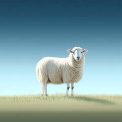 Fototapeta premium A Single Sheep Standing on a Green Pasture Under a Clear Blue Sky, Capturing the Tranquility of Farm Life and Nature's Beauty in Rural Settings