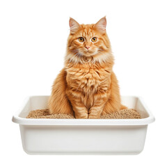 A beautiful long-haired orange cat sits in the white plastic litter box, filled with clean and soft non-clumping cat litter on an isolated background