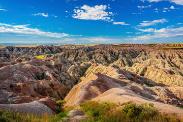 Rugged multi color plains, mountains and valleys of Badlands National Park near Wall, South Dakota