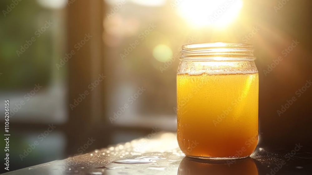 Aufkleber sunlight streams through a window, illuminating a jar filled with vibrant juice on a countertop. the