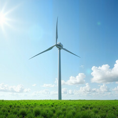 Fototapeta premium Wind turbine in green field under clear blue sky, clean energy focus