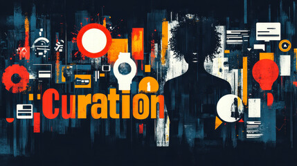 Modern Curation Concept on Dark Abstract Background with Digital Elements