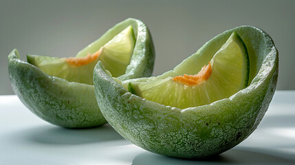 Freshly cut green melons displayed on a clean surface glowing in soft light