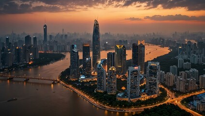 Fototapeta premium Guangzhou city skyline at sunset, Pearl River in view.