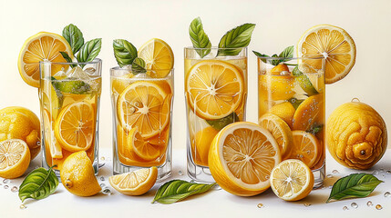 Refreshing summer lemon drink display with vibrant colors and natural elements