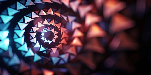 A colorful, abstract composition of glowing triangles in a mix of vibrant colors on a dark background, creating a futuristic and dynamic design with depth and energy