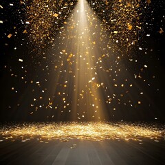 Stage light and golden glitter lights on floor Abstract gold background for display your product Spotlight realistic ray, Generative Ai
