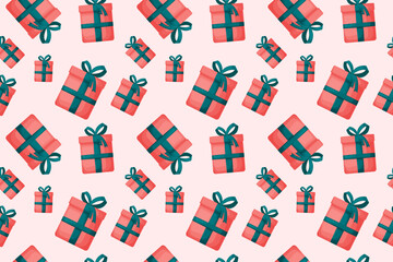 Vector illustration of gift box with big bow on top. Seamless bright pattern design for holidays. Pattern design with red box and turquoise ribbon