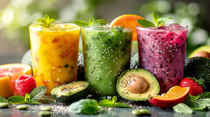 Refreshing fruit and avocado smoothies surrounded by vibrant ingredients outdoors