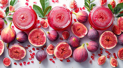 Refreshing fig and pomegranate drinks surrounded by vibrant fruits and greenery