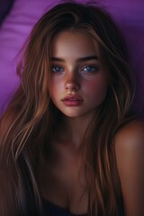 Fototapeta premium Portrait of a young woman with long hair and striking blue eyes