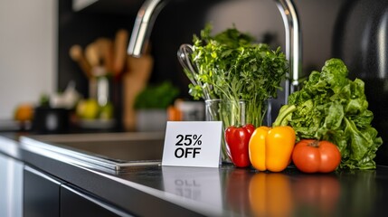 Fresh Vegetables with Discount Sign in Modern Kitchen Setting