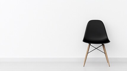Minimalist black chair against white wall.